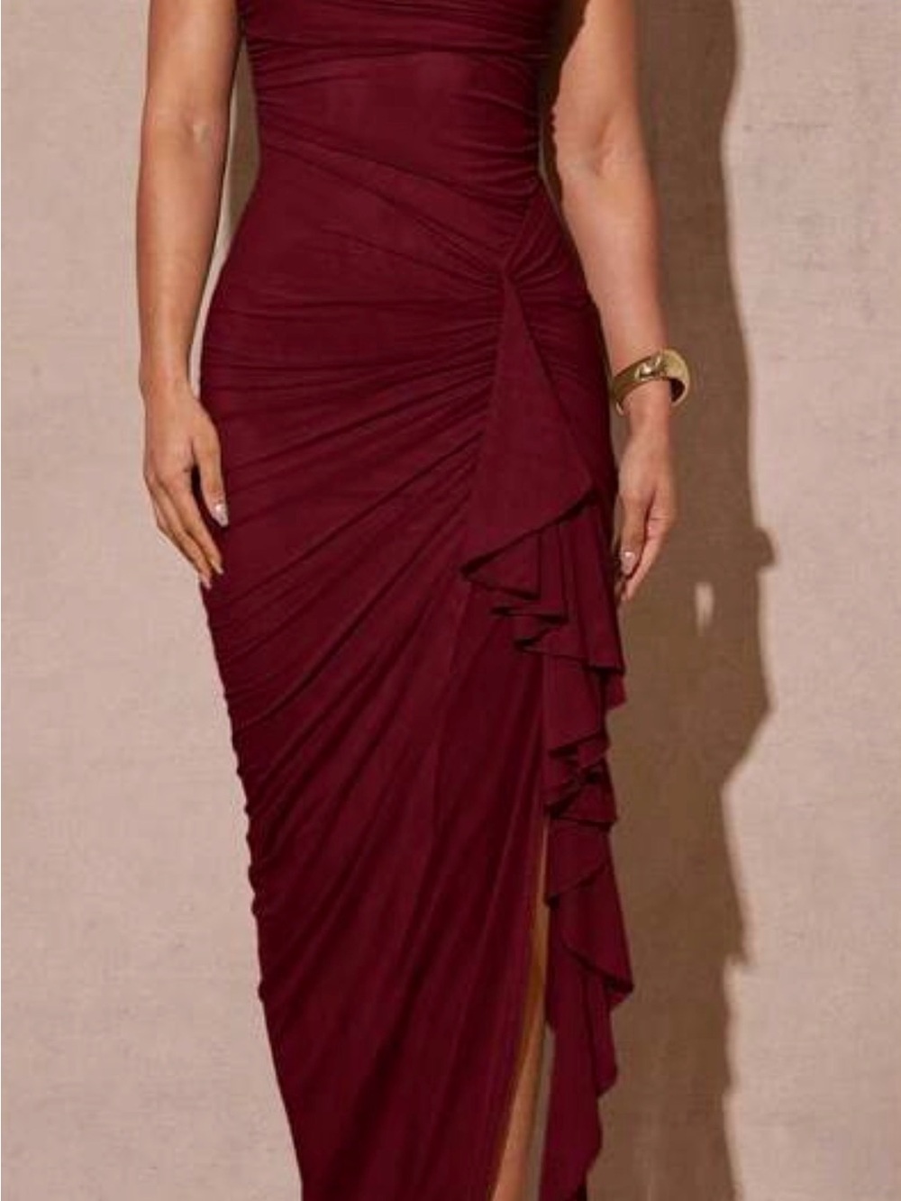 Cider Burgundy Ruched Midi Dress with Ruffle Accent